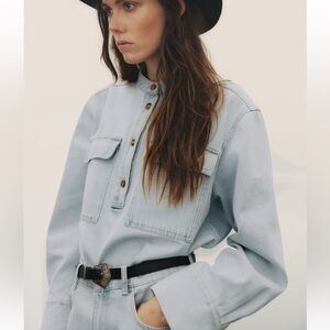 H&M Loose Fit Oversized Light Wash Denim Shirt Sz Medium Western Boho